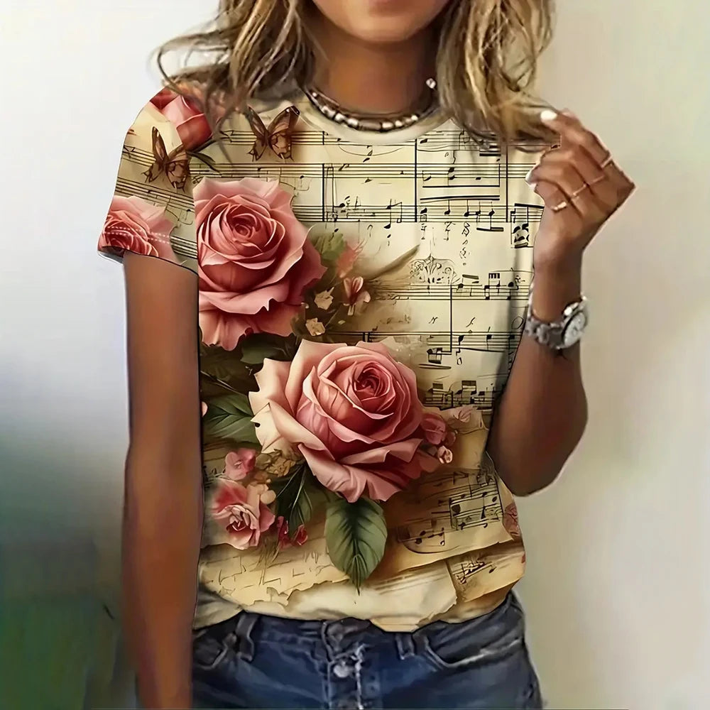 Summer Rose Music 3D Print T-shirts Women Streetwear Harajuku Casual Fashion Y2k Short Sleeve T Shirt O-neck Tees Tops Clothing