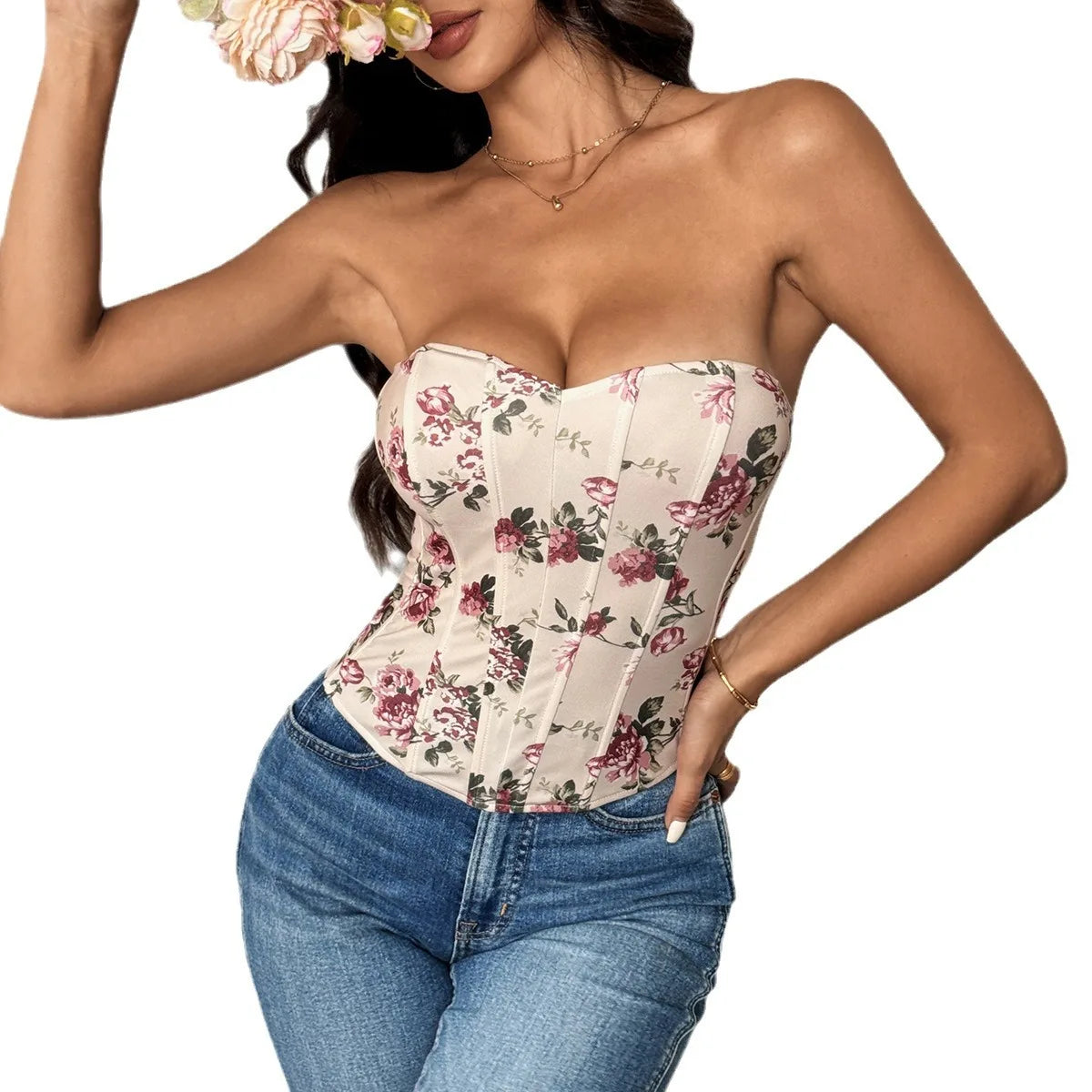 Summer Women Floral Y2K Crop Tops Printed Sleeveless Fishbone Corset Woman Sexy Backless Slim Strapless Streetwear Camisole