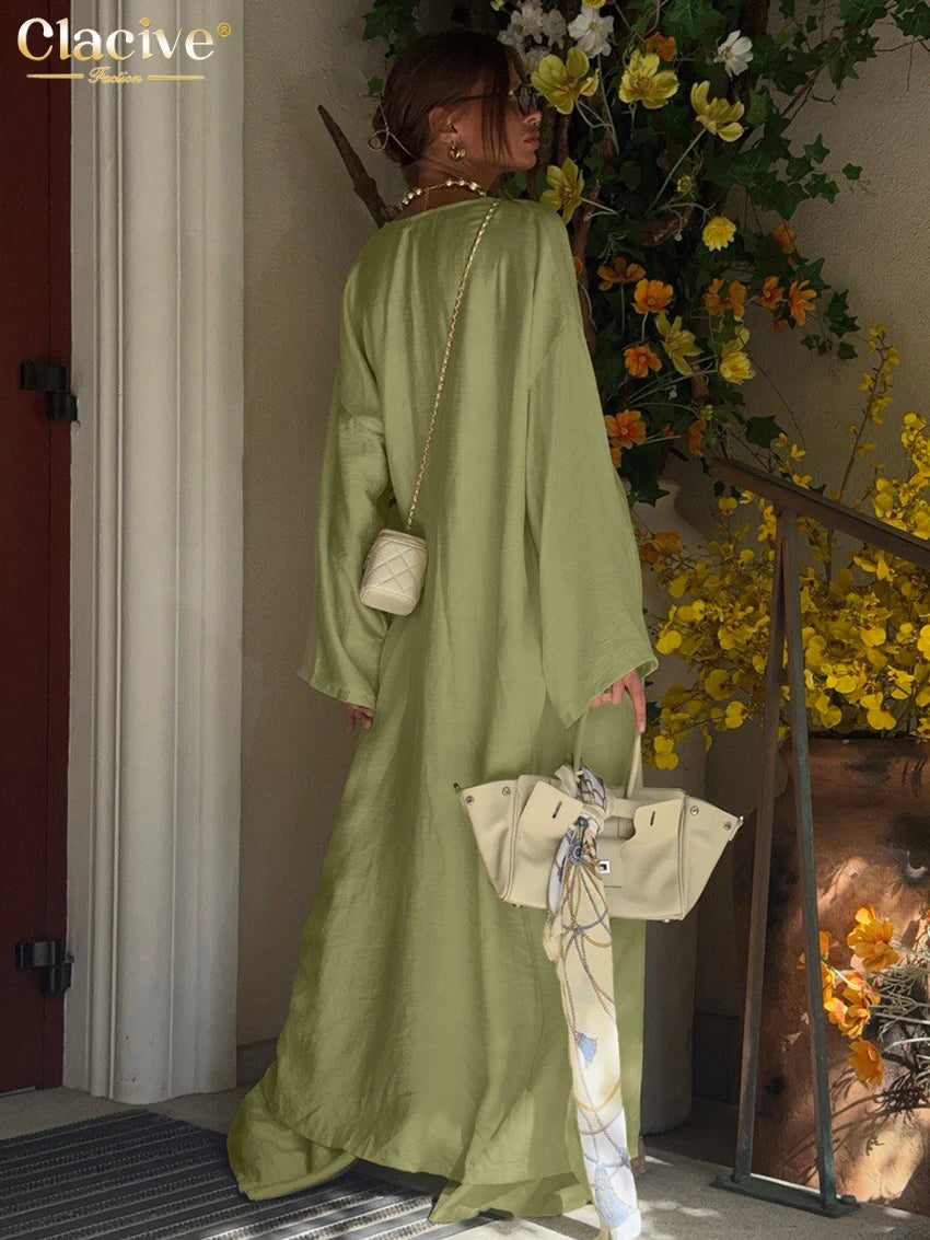 Clacive Fashion Loose Green 3 Pieces Set For Woman 2025 Sexy Long Sleeve Robes + Tube Top With High Waist Wide Pants Set Female