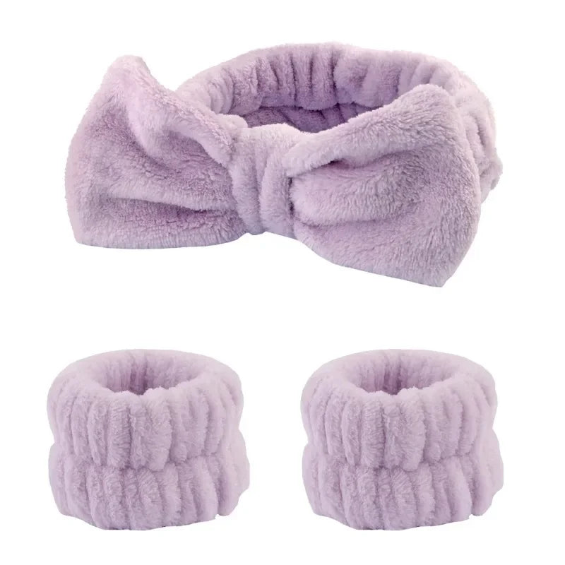Spa Headband with Wrist Towels for Face Washing Set Elastic Bow Headbands with Highly Absorbent Wristbands for Shower Skincare