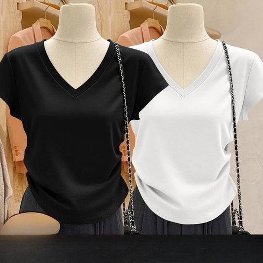 Summer irregular T-shirt women's V-neck curved hem casual breathable simple trend slim fit spicy girl sexy short sleeved shirt