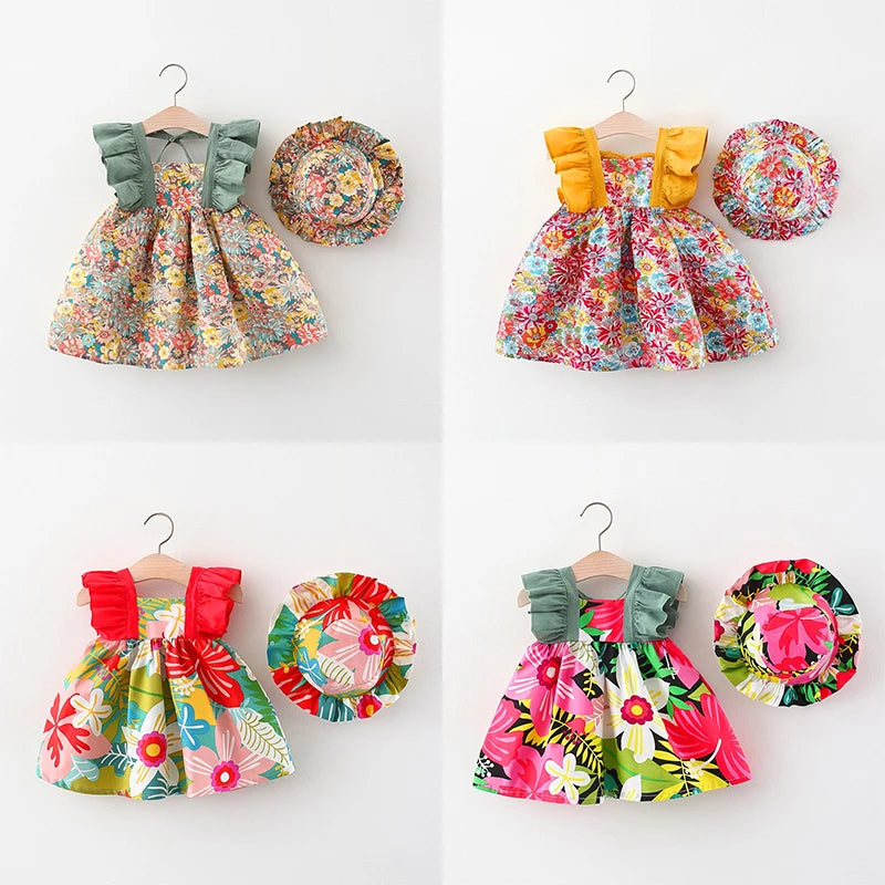 Summer New Girl Baby Strap Dress Fragmented Flower Children's Sleeveless Princess Dress 0-3 Year Old Newborn Comes with Hat