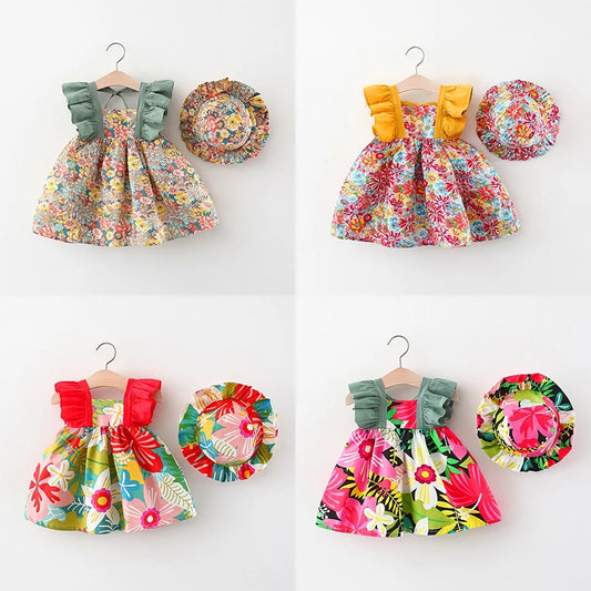 Summer New Girl Baby Strap Dress Fragmented Flower Children's Sleeveless Princess Dress 0-3 Year Old Newborn Comes with Hat