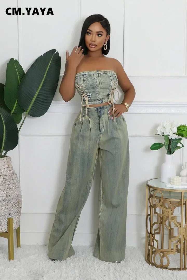 CM.YAYA Denim Women's Set Sleeveless Strapless Top +Loose Jeans Pants 2024 Fall Lace Up Street Two 2 Piece Set Outfits Tracksuit