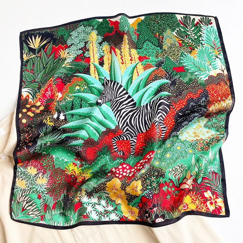 New 100% Real Silk Scarf For Woman Vintage Leopard Head Hair Scarfs Small Square Bandana Femme Office Neckerchief SD0201