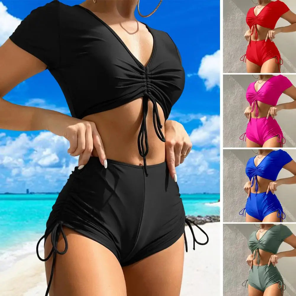 Solid Color Swimwear Stylish Women's Summer Bikini Set with V-neck Short Sleeve Tops High Waist Drawstring Swimming for Beach