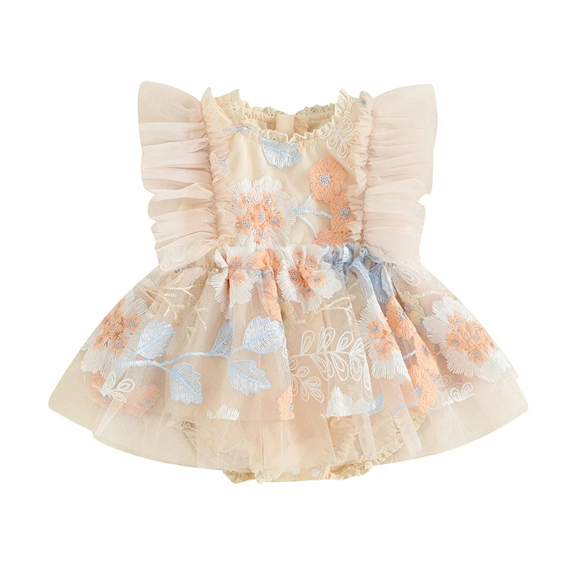 FOCUSNORM 0-24M Newborn Baby Girls Princess Romper Dress Fly Sleeve Flower Embroidery Mesh Tulle Patchwork Jumpsuits