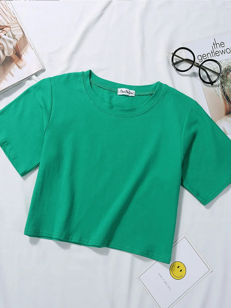 Summer Short Sleeve T Shirts Women Cotton Solid T-shirt O Neck High Waist Crop Top Tee Female Casual Loose T Shirt