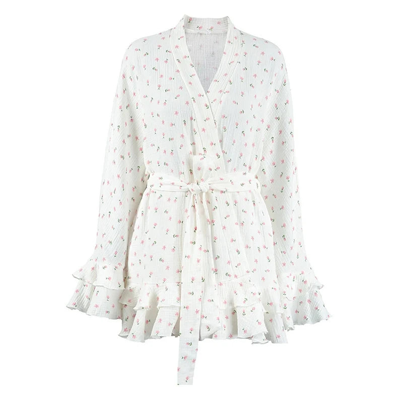 2026 Casual Flared Sleeve Pajama Set Women Fashion Print Cotton Loose 2 Piece Suit Elegant V-neck Cardigan & Short Pant Outfits