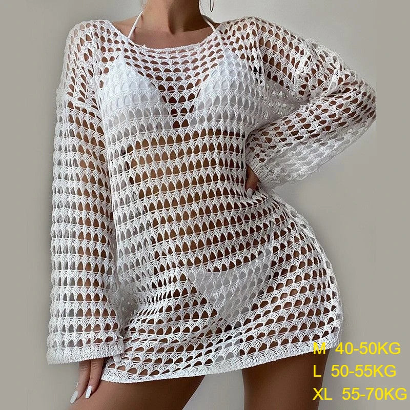 Summer Woman Knitted Long Style T-Shirts Solid Hollow Out Sunscreen Sexy Vacation Blouse Swimsuit Mesh Cover-up Beachwear Tops