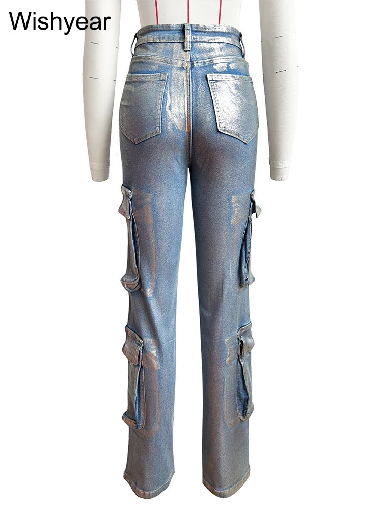 Hot Silver Stretch Denim Cargo Pants Women High Waist Streetwear Hip Hop Trousers Female Big Pockets Baggy Jeans Sweatpants y2k