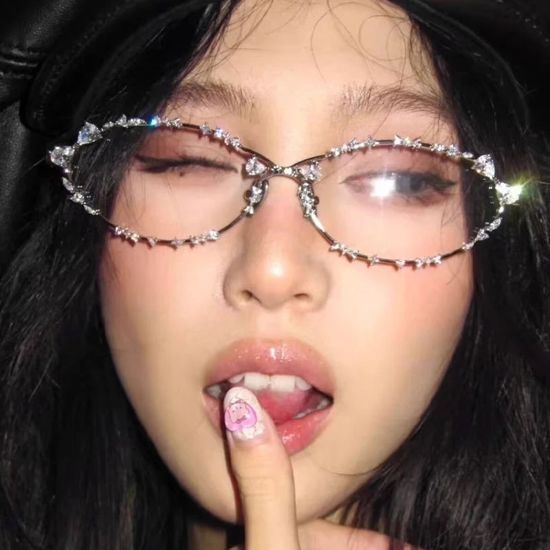 2026 Diamond Studded Bow Oval Frame Glasses Women's Fashion Vintage Transparent Metal Sunglasses Blue Light Blocking Eyeglasses