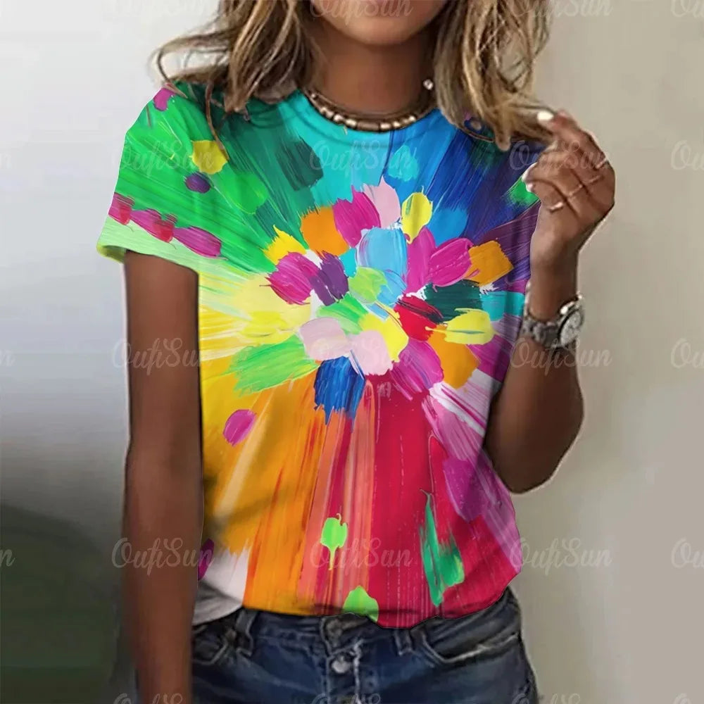 Colorful Splash 3D Painting Women's Summer T-Shirts Y2K Street Fashion Casual Style  Comfortable Breathable Short Sleeve T