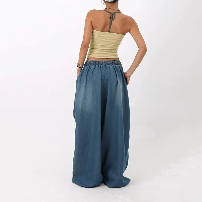 Autumn Oversized Women Wide Leg Jeans Y2K Hip Hop Streetwear Loose Denim Pants High Waist Drawstring All Match Straight Trousers
