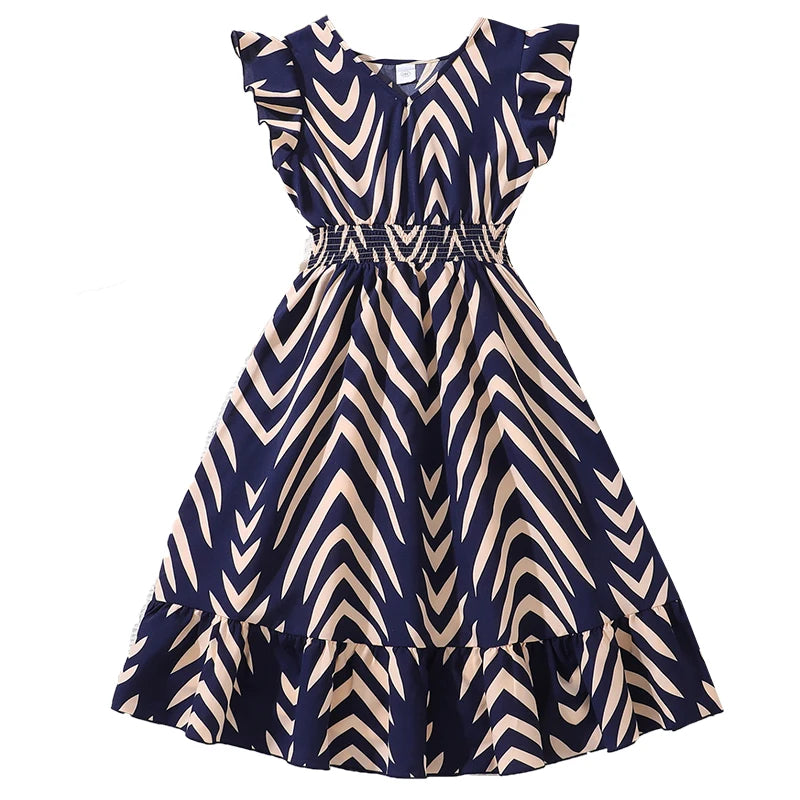 Girls Sleeveless Striped Navy Blue Dress Shirred-Waist Aline Dress Summer Tween Girls Dress Daily Casual Activity Baptism Dress