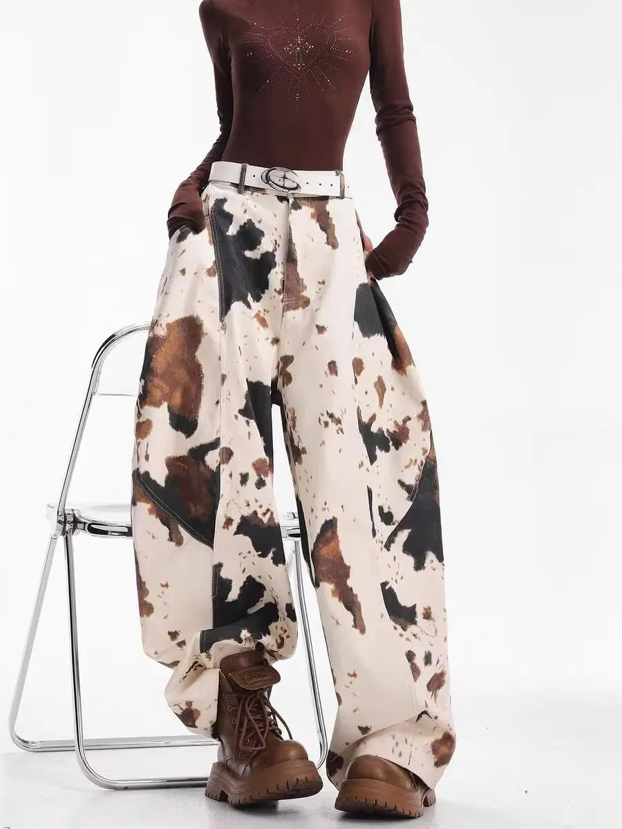 American Retro Contrast Women Jeans Fashion Street Casual Loose Woman Jeans Simple Basic Wide Leg Pants Female Chicly