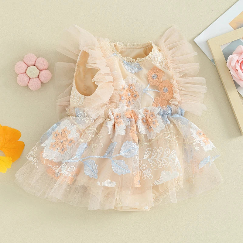 FOCUSNORM 0-24M Newborn Baby Girls Princess Romper Dress Fly Sleeve Flower Embroidery Mesh Tulle Patchwork Jumpsuits