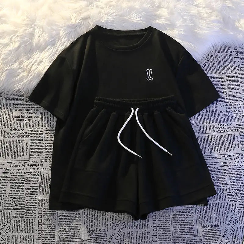 Women Short Sleeve Shorts Sports Casual Suit Loose O Neck Printed Short-Sleeved T Shirt Top+Lace-Up Wide-Leg Shorts 2 Piece Set