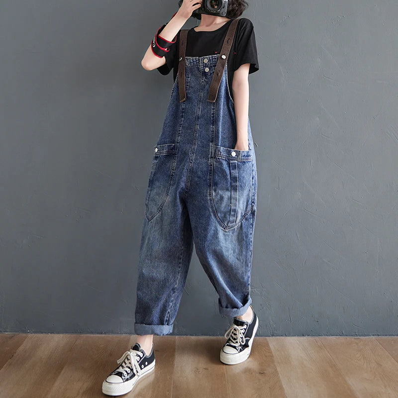 Anti-Aging High Waist Loose Women's Denim Overalls Korean Sle Summer Faion Thinming Harem Nine-Piece Pants
