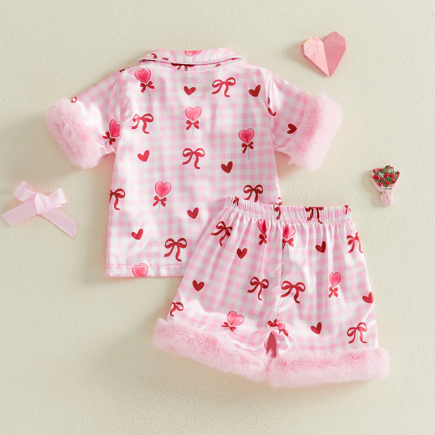 Children Kids Baby Girls Valentine's Day Pajama Sets Short Sleeve Lapel Button Up Bow Heart Plaid Print Shirts Shorts Sleepwear