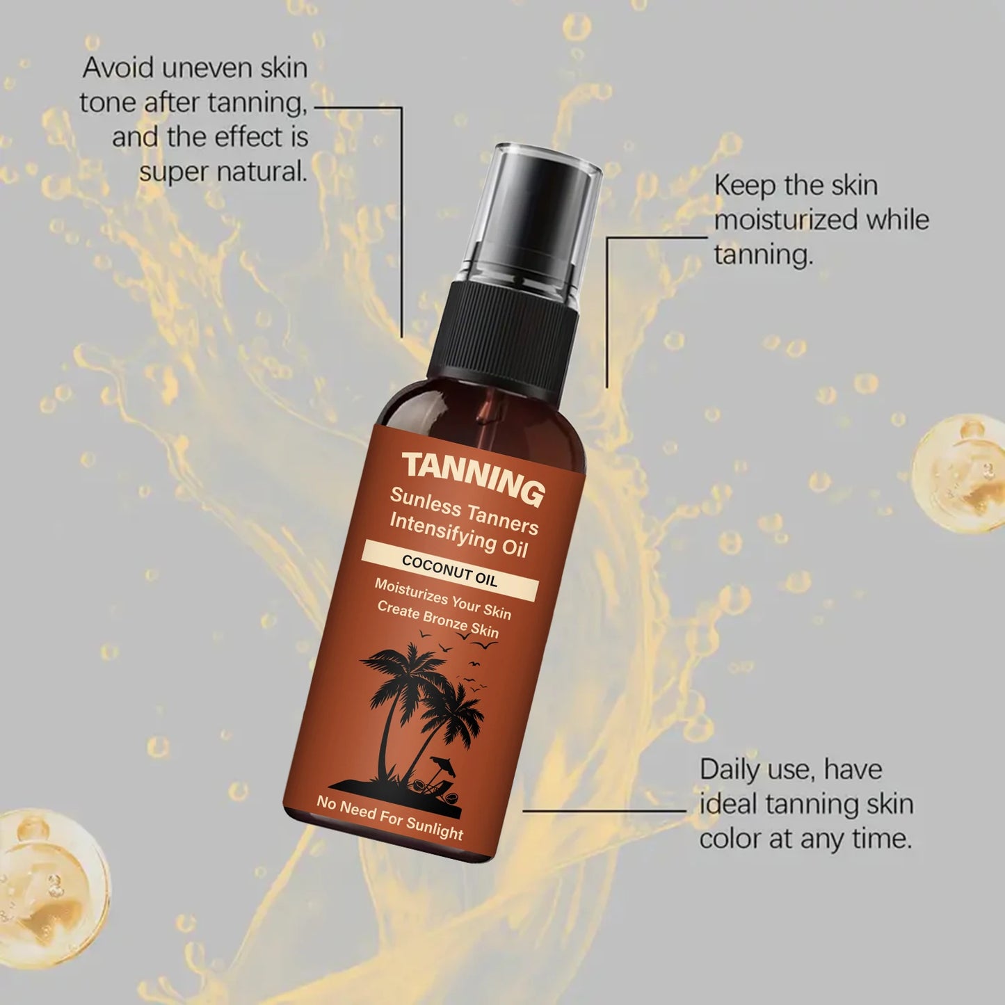 Sunless Tan Intensifying Oil Moisturizes, Creates Bronze Skin. No Sunlight Needed. Fast Visible Results. Maintain Weekly. 30ml.