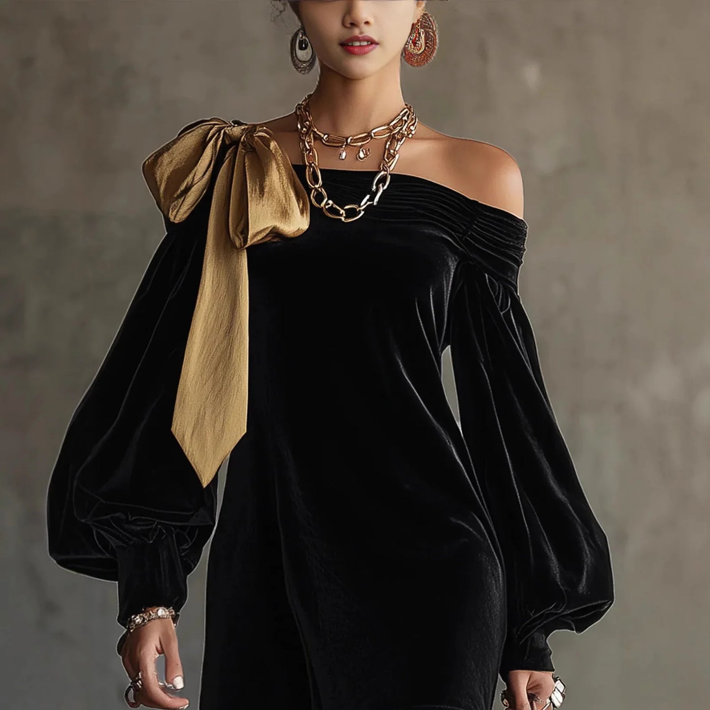 Cocktail Party Off The Shoulder Lantern Sleeve Long Sleeve Bow Tie Vintage Velvet Mini Dresses Autumn Winter Elegant Party Dress