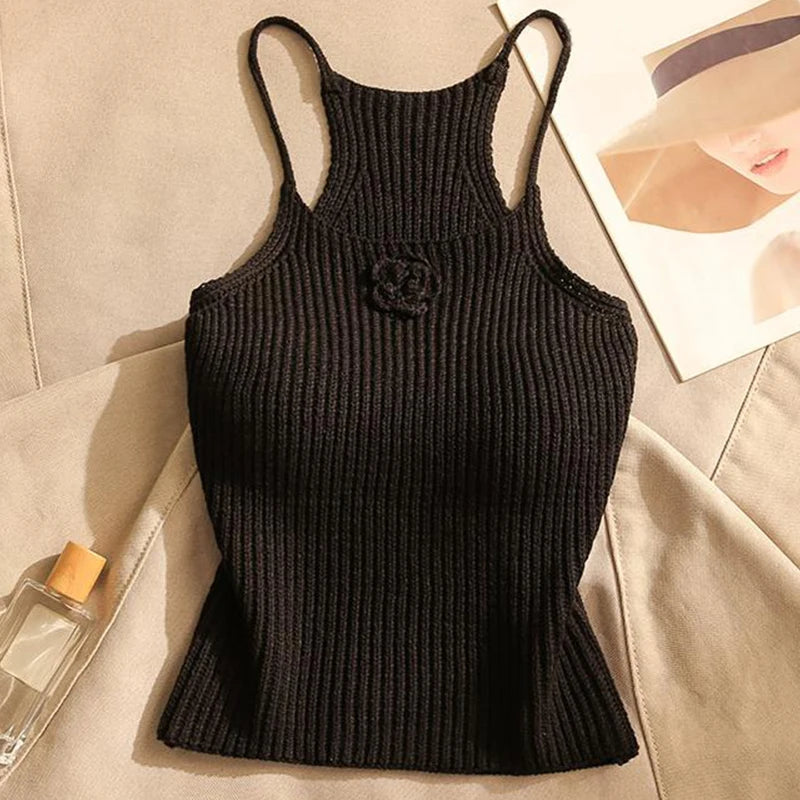 Summer Sexy Flower Knitted Camisole Women's Solid Color Sleeveless Slim Crop Top