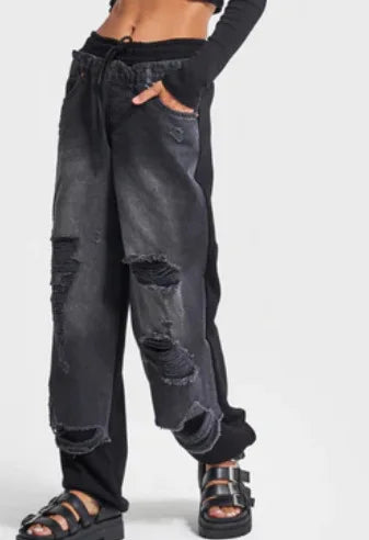 Jeans Wide Leg Pants Women Hole Trousers Elastic Waist Lace Up Stretch Patchwork Distressed Ripped Denims Vintage Streetwear