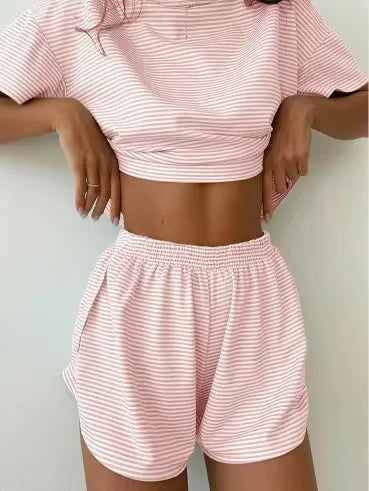 2026Autumn Knitted Striped Pajamas Loose Short-Sleeve Shorts Set Fashionable Home Wear for Women