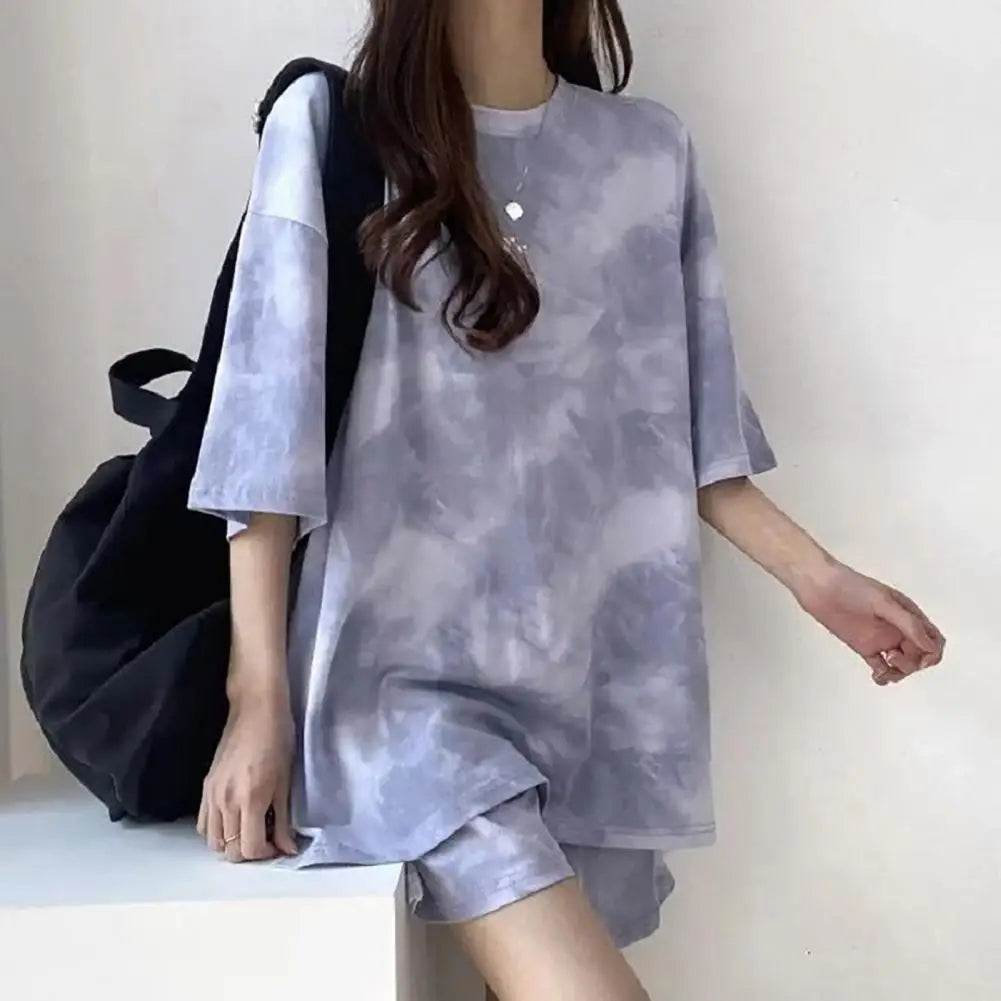 Women T-shirt Shorts Set Tie-dye Loose Short Sleeves Loose Top Elastic Waist Mini Shorts Casual Sport Daily Wear Top Pants Set