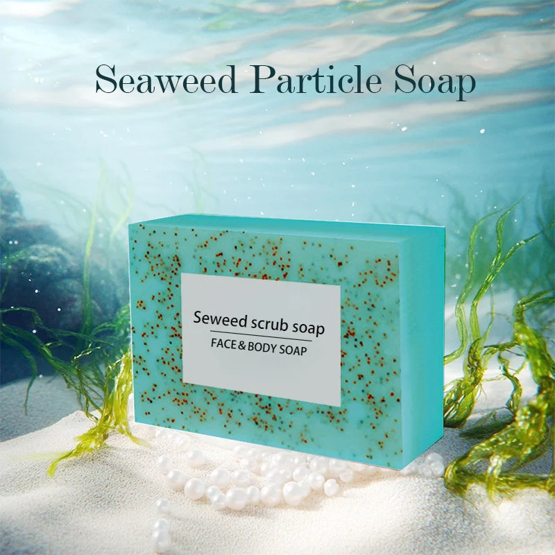 Seaweed scrub particle soap is rich in vitamin E. It contains olive oil, which gently cleanses the face, moisturizes and hydrate